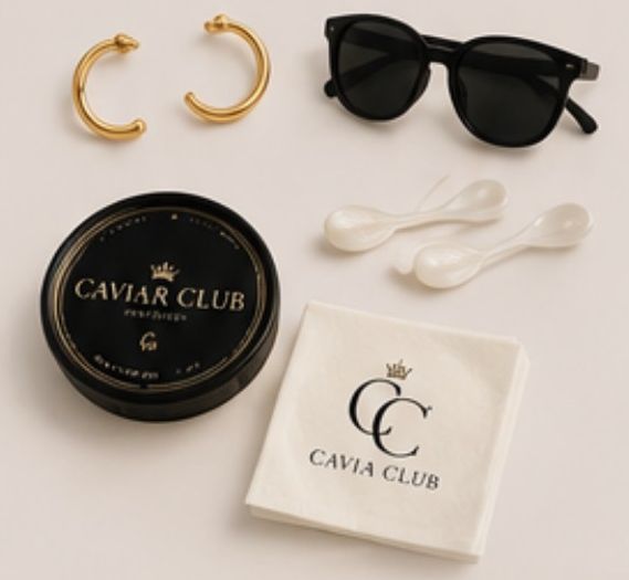 Caviar Club accessories — pearl spoons, gold jewellery, branded napkin, caviar tin