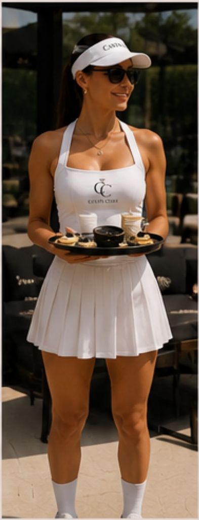 Caviar Girl in pleated whites holding a caviar tray, front view