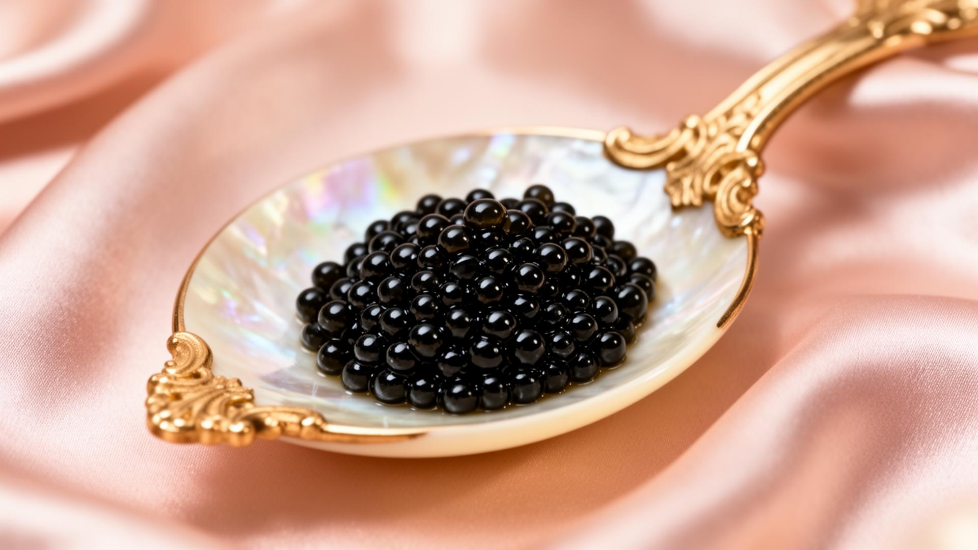 Caviar pearls in a mother-of-pearl spoon on champagne silk
